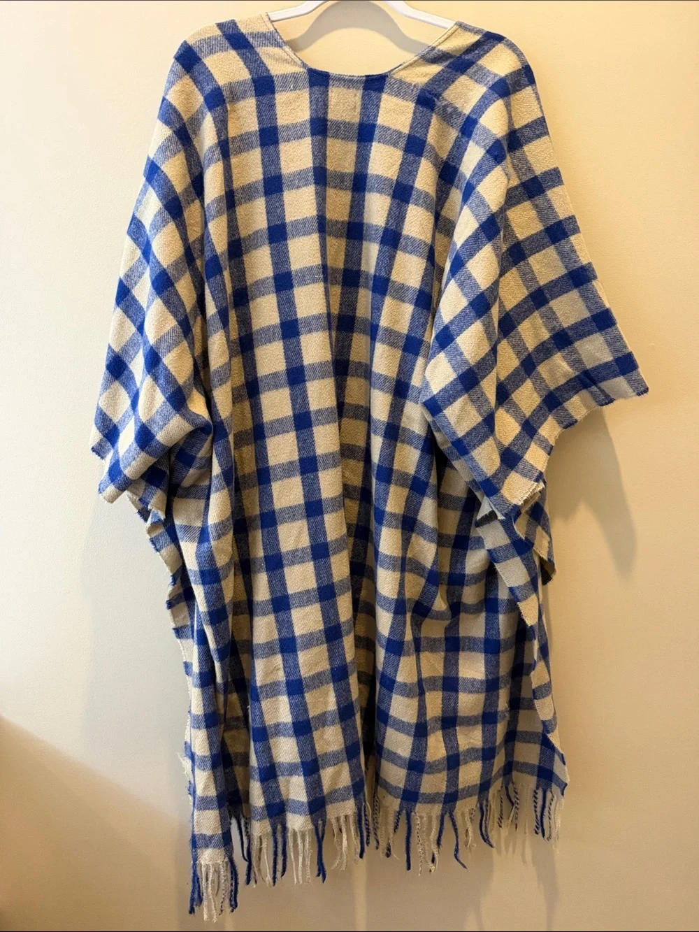 A New Day Buffalo Check Plaid Fringe Ruana Wrap in Blue, One Size NWT